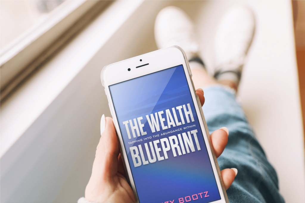 A person holding an iphone with the cover of the book " the wealth blueprint ".